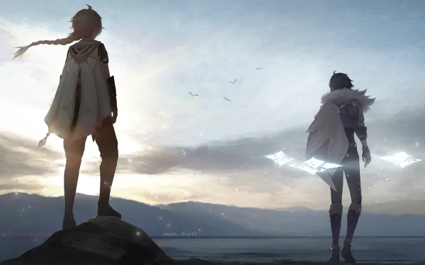 A stunning HD wallpaper featuring Kaeya and Aether from Genshin Impact, set against a breathtaking horizon, capturing the essence of adventure in the video game world.
