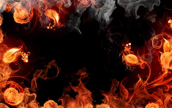 Fiery, swirling flames and smoke elements create a captivating artistic HD desktop wallpaper and background with a dynamic, elemental theme.
