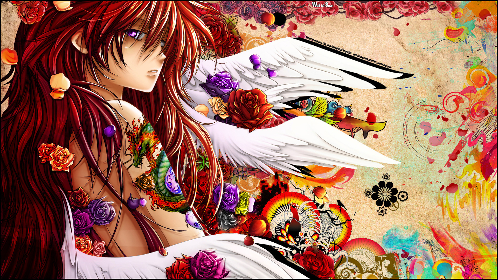 Anime angel with a tattoo and colorful flowers, inspired by Shakugan No Shana.