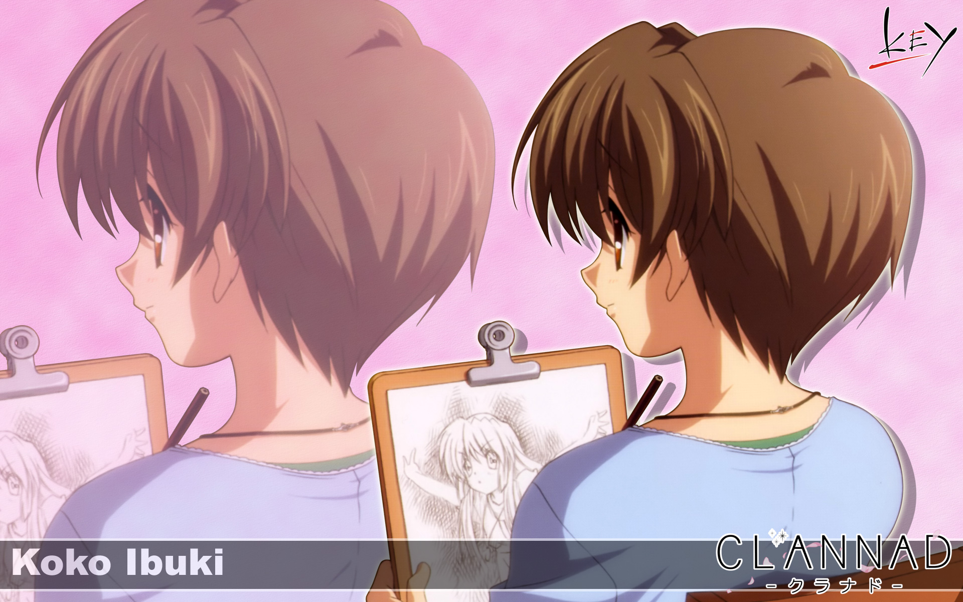 Kouko Ibuki from Clannad anime, a serene and captivating character with a peaceful backdrop