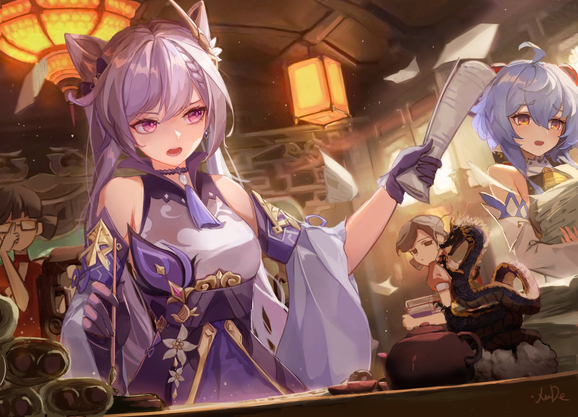 HD PC desktop wallpaper featuring Ganyu and Keqing from the video game Genshin Impact in a dynamic, lantern-lit scene.