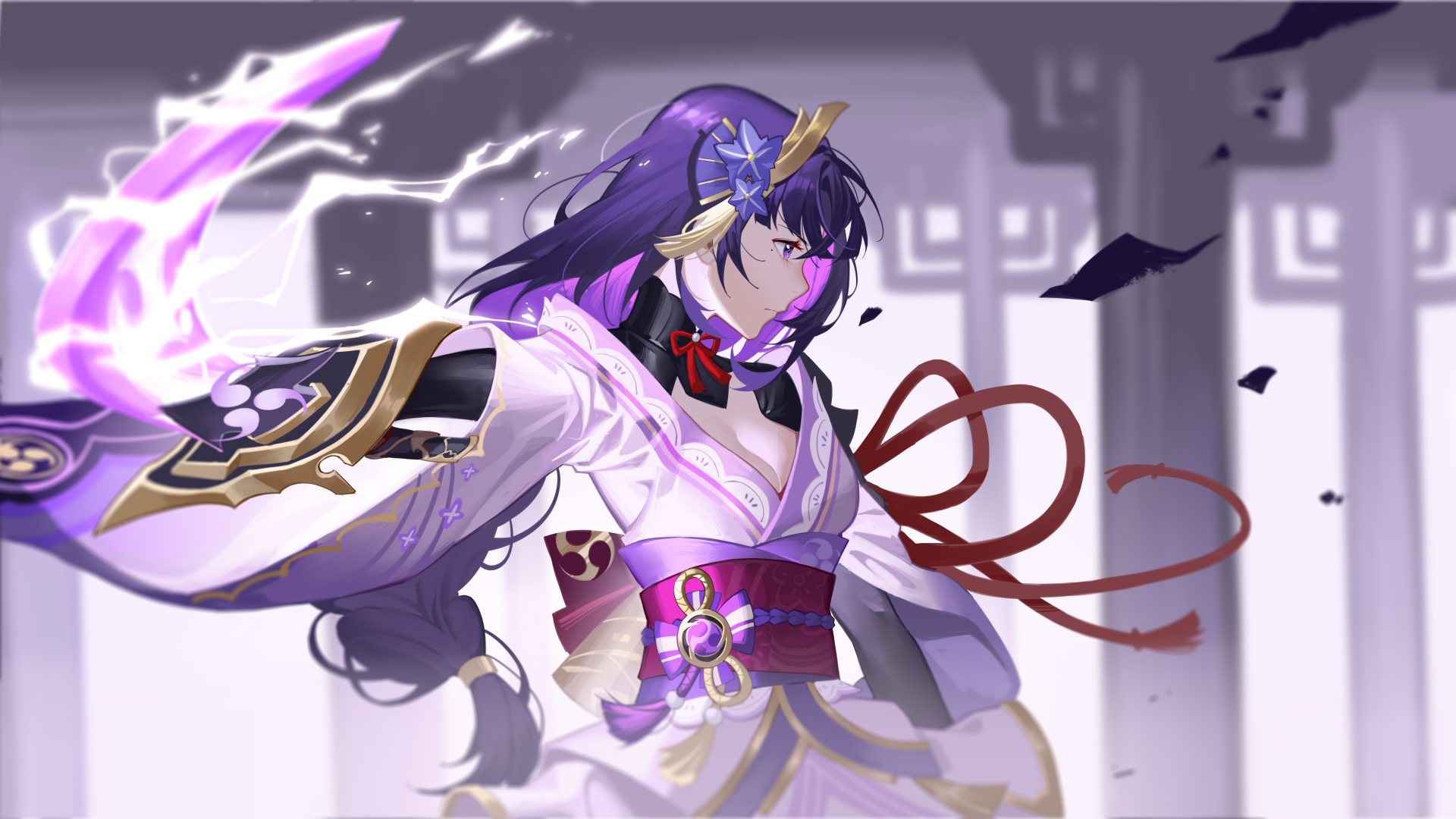 Baal (Raiden Shogun) from the video game Genshin Impact: purple-haired Electro archon in white-purple kimono, crackling lightning aura, dynamic 8K Ultra HD PC desktop wallpaper.