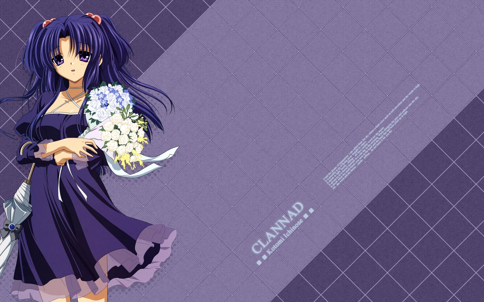 Kotomi Ichinose (Clannad) anime HD PC desktop wallpaper: Kotomi in a purple dress holding white flowers against a geometric purple background.