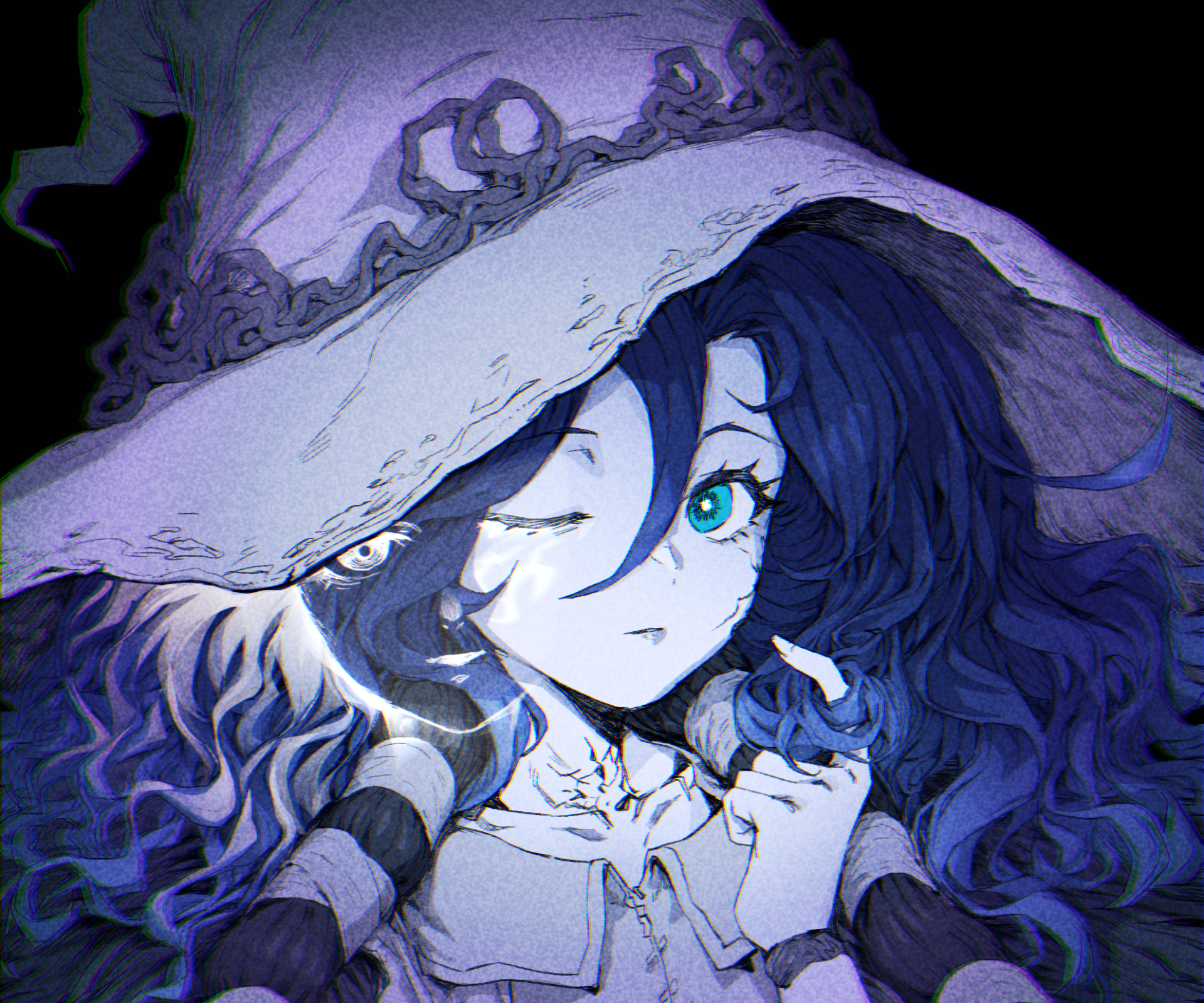 HD PC desktop wallpaper featuring Ranni the Witch from the video game Elden Ring, showcasing her distinctive blue eyes and elaborate hat in a dark, detailed style.