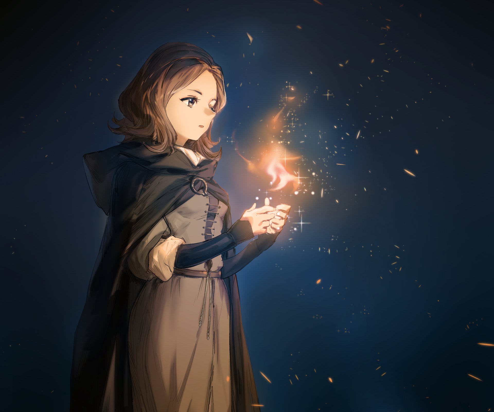 4K Ultra HD PC wallpaper featuring Melina from the video game Elden Ring, depicted holding a glowing, magical flame against a dark background.