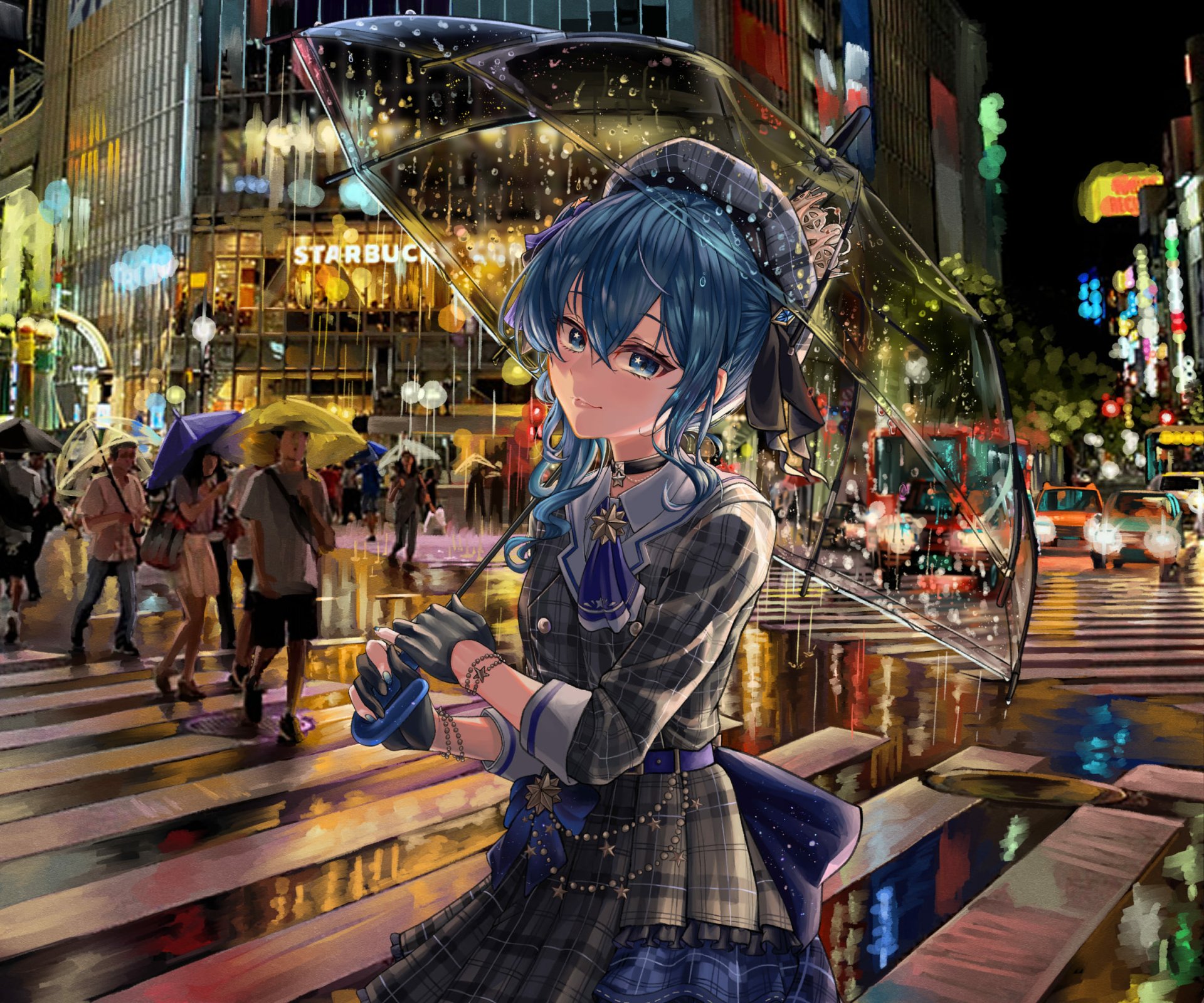 HD PC desktop wallpaper featuring Hoshimachi Suisei from hololive as a vibrant anime Virtual YouTuber set against a lively city street at night.