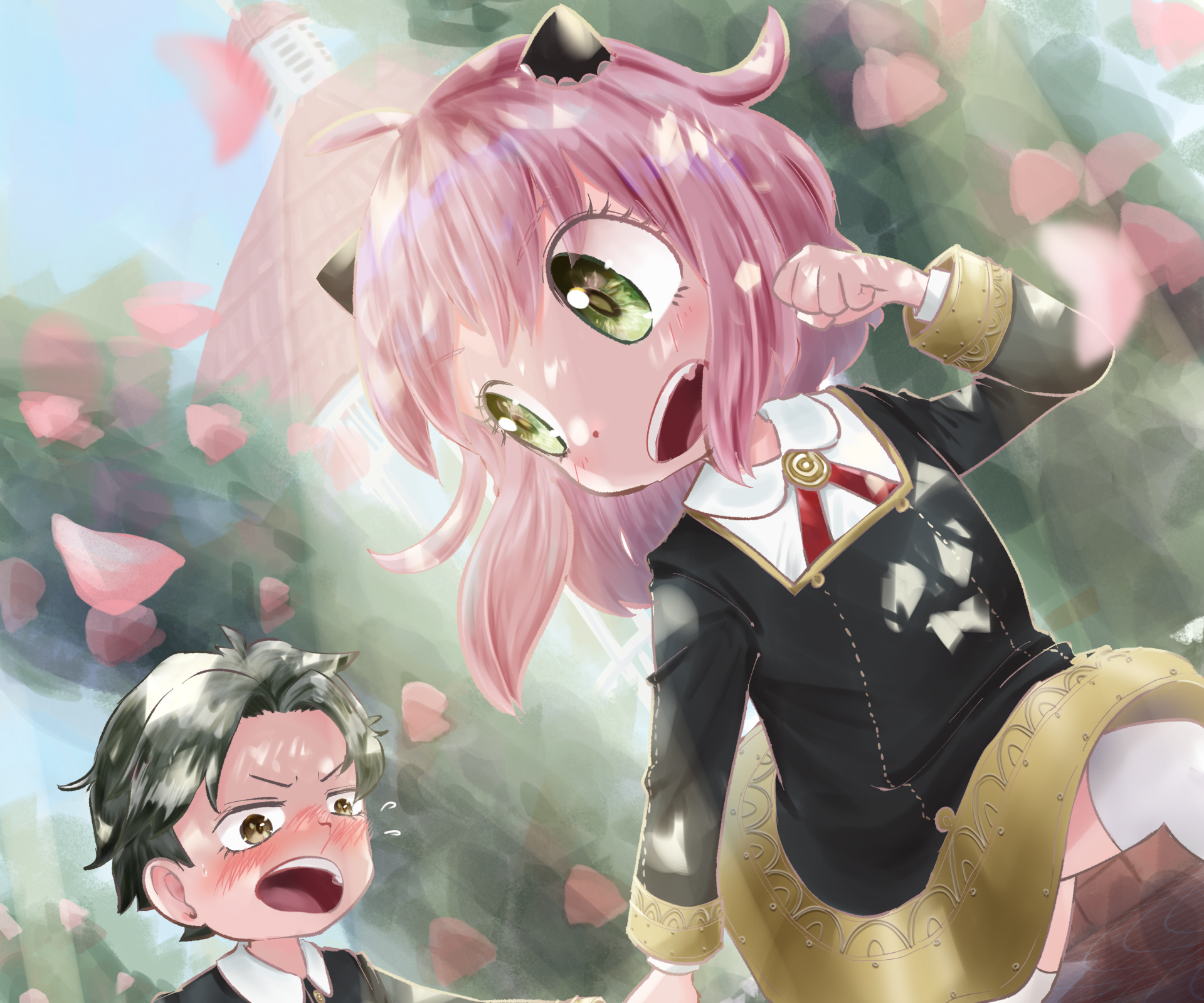 Anime Spy x Family 2K Quad HD PC desktop wallpaper: Anya Forger tugging Damian Desmond's cheek beneath falling cherry blossoms, playful expressions and warm, dappled sunlight.