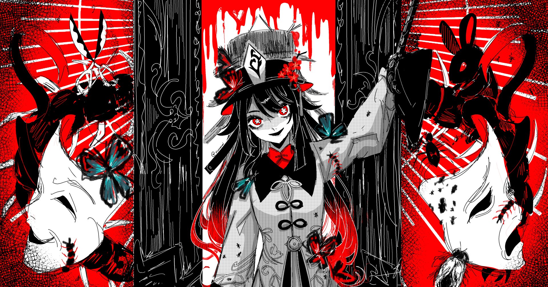 4K Ultra HD PC desktop wallpaper featuring Hu Tao from the video game Genshin Impact, depicted with striking red, black, and white colors and a dynamic, eerie design.
