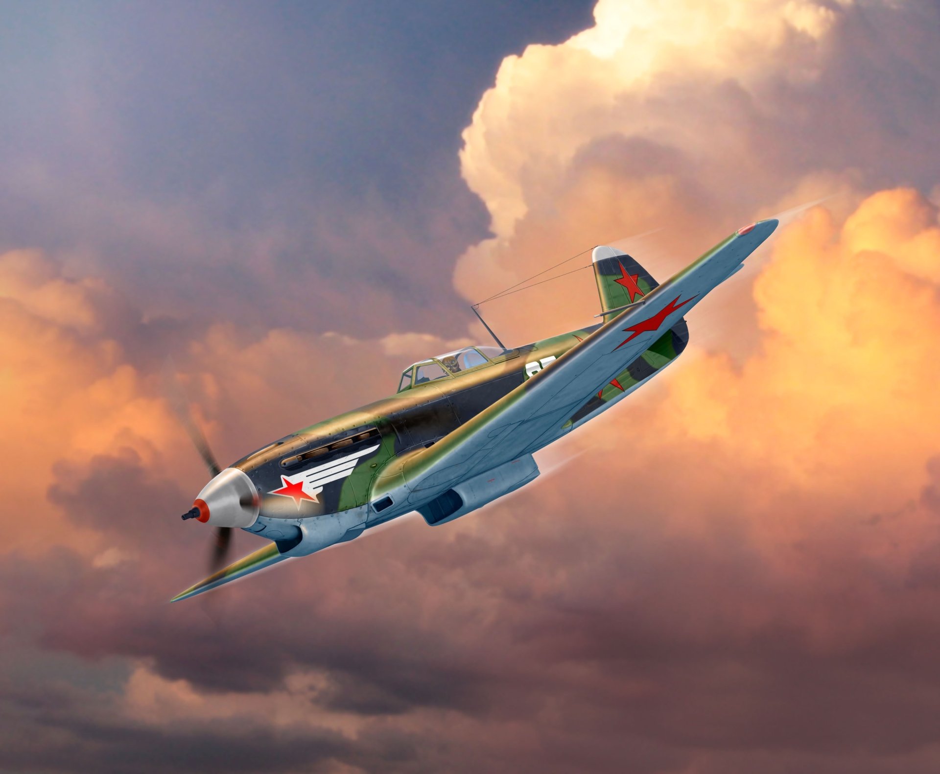 2K Quad HD PC desktop wallpaper of a USSR military Yakovlev Yak-9 fighter, green camo with red stars flying through dramatic sunset clouds.