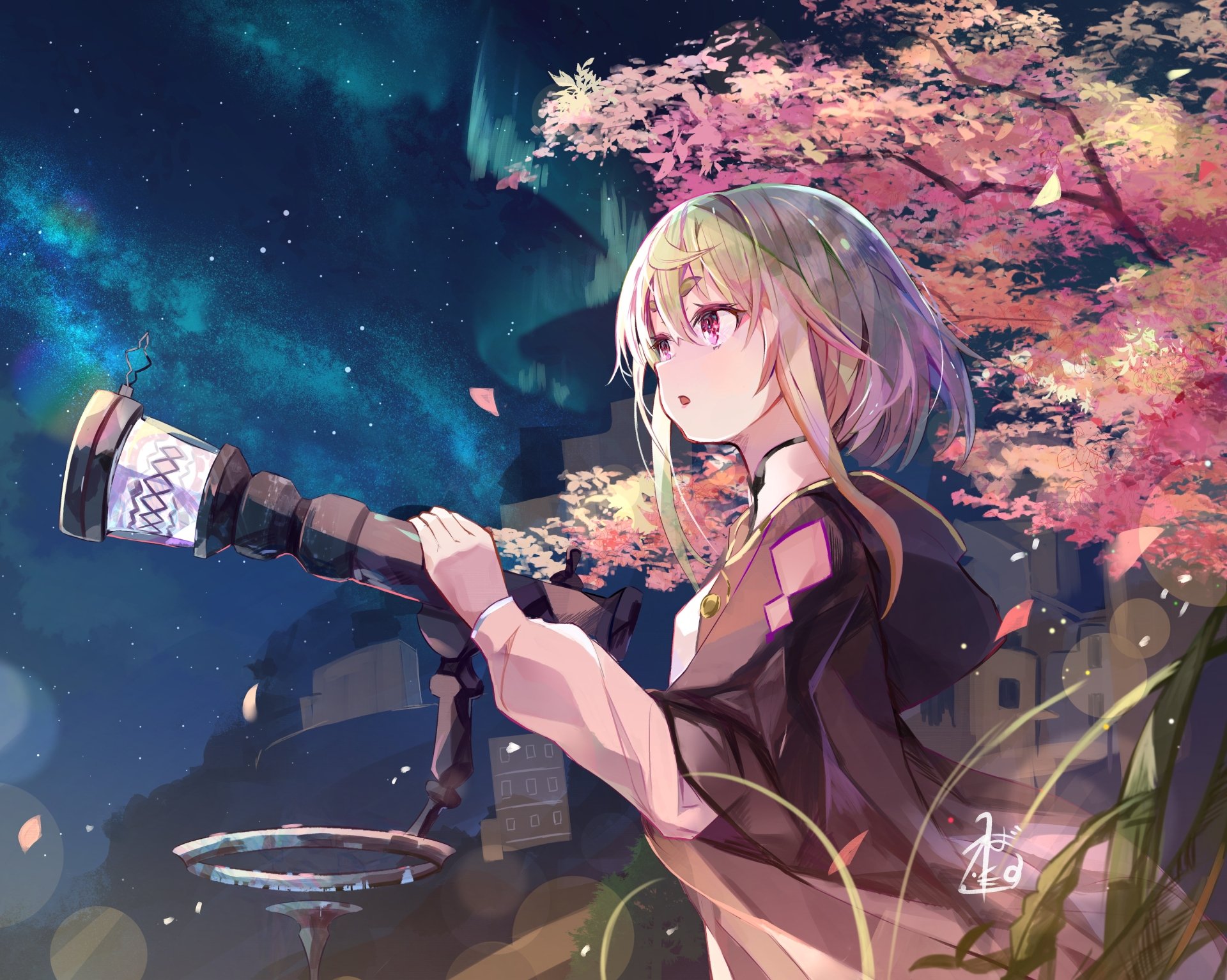 4K Ultra HD PC desktop wallpaper of an anime girl on an autumn night, gazing through a telescope beneath falling leaves and a vivid starry aurora sky.