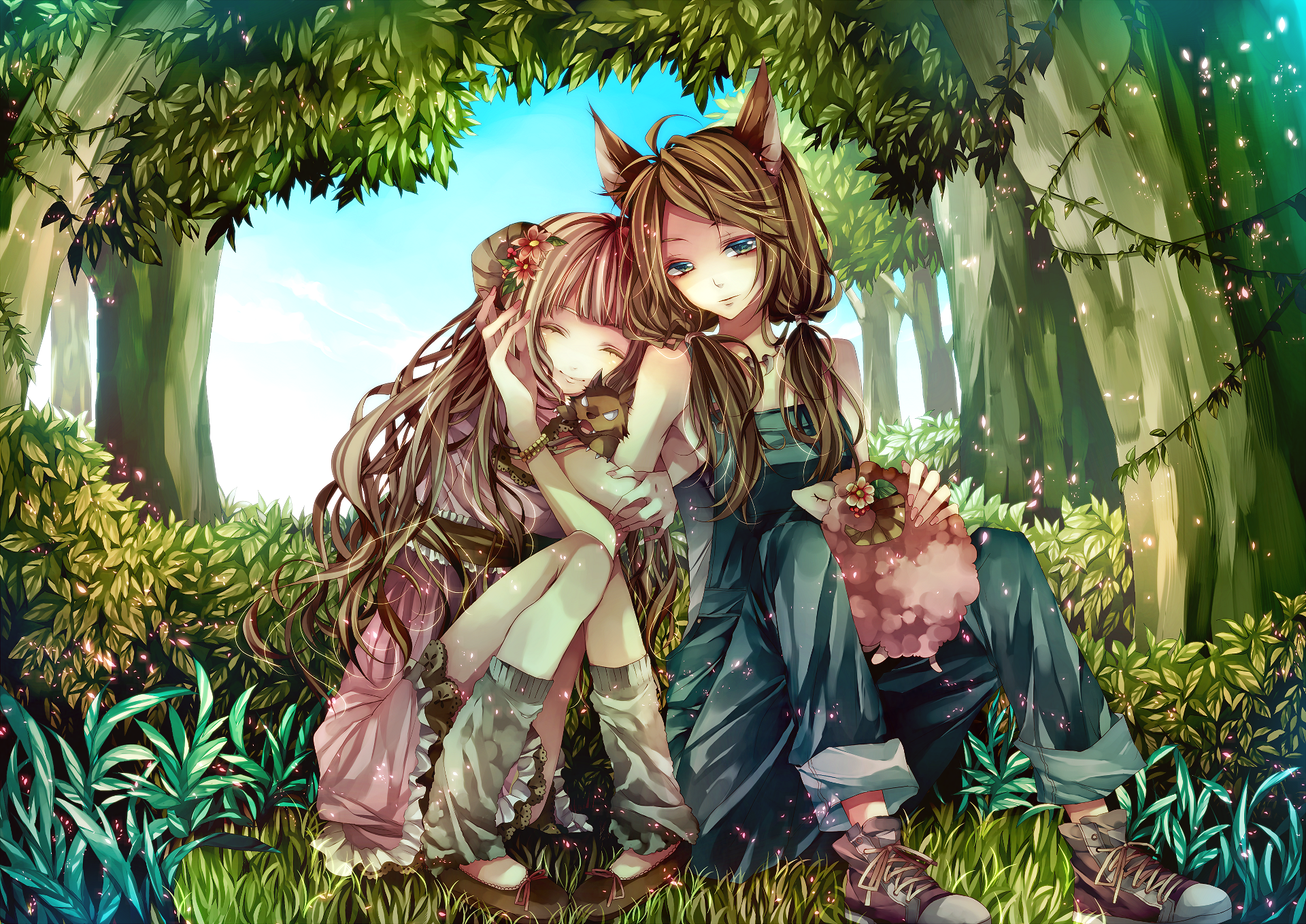 HD anime desktop wallpaper featuring two anime girls resting closely together in a lush, sunlit forest surrounded by vibrant greenery.