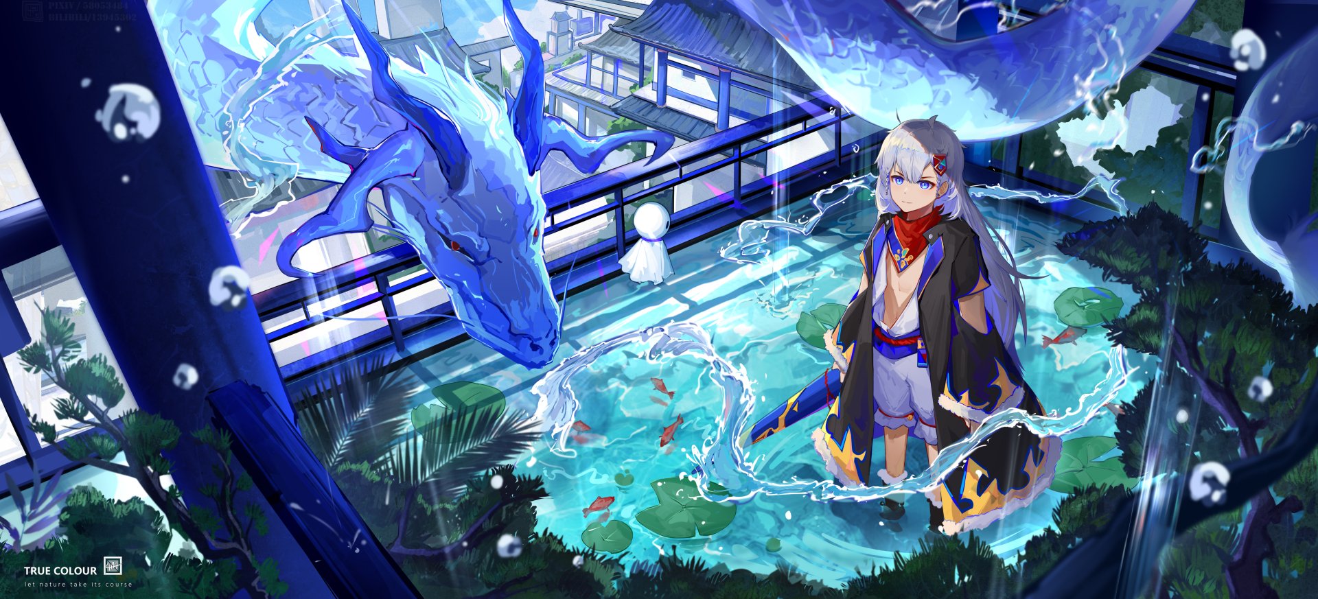 4K Ultra HD PC desktop wallpaper and background: anime boy beside a luminous blue dragon above a koi-filled courtyard pool, water spiraling.
