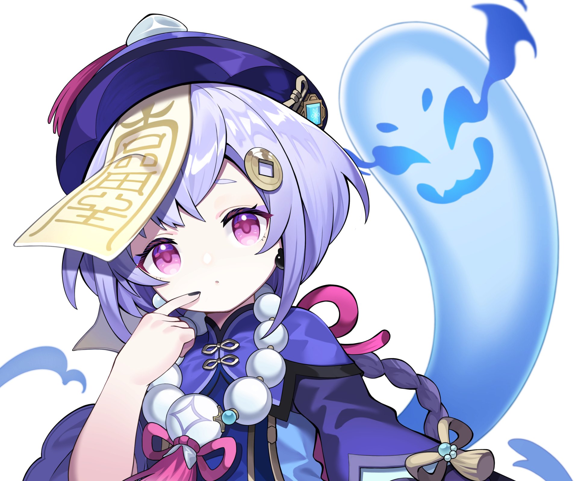 Qiqi (Genshin Impact) chibi portrait with a spectral blue ghost, purple eyes and talisman on her forehead — video game 2K Quad HD PC desktop wallpaper/background.