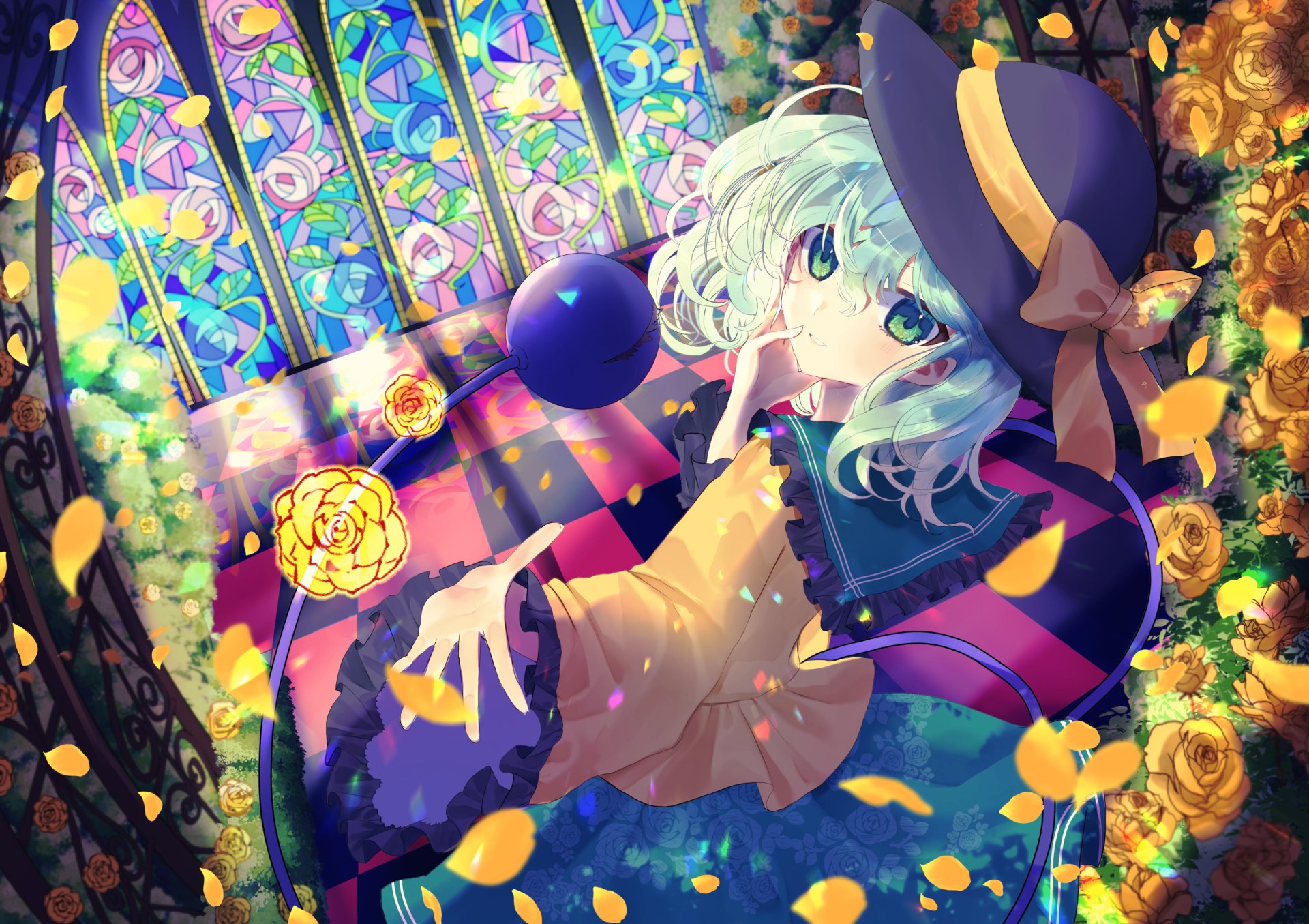 HD anime wallpaper featuring Koishi Komeiji from Touhou, surrounded by vibrant stained glass and glowing yellow roses in a colorful, detailed scene.