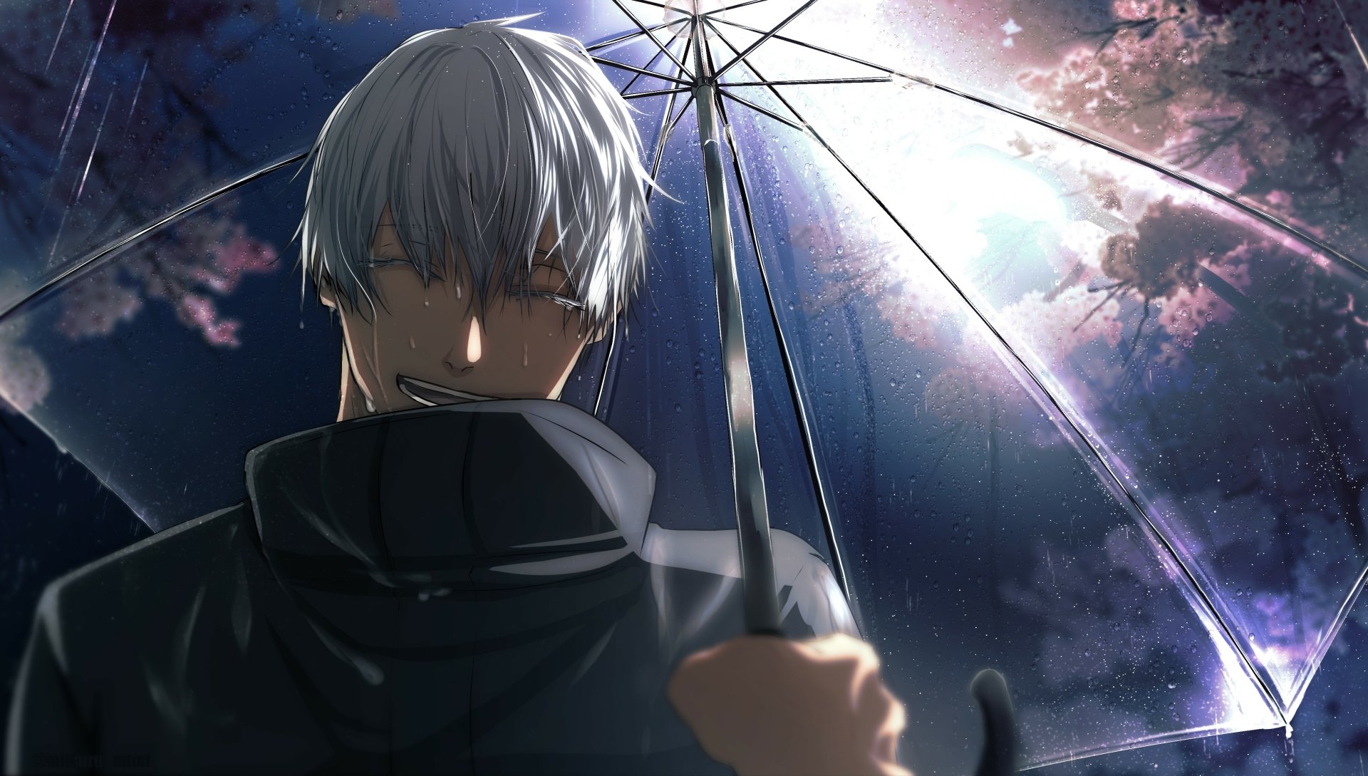 Satoru Gojo from Jujutsu Kaisen stands under a transparent umbrella at night with cherry blossoms and a glowing moon, captured in a 4K Ultra HD anime desktop wallpaper.