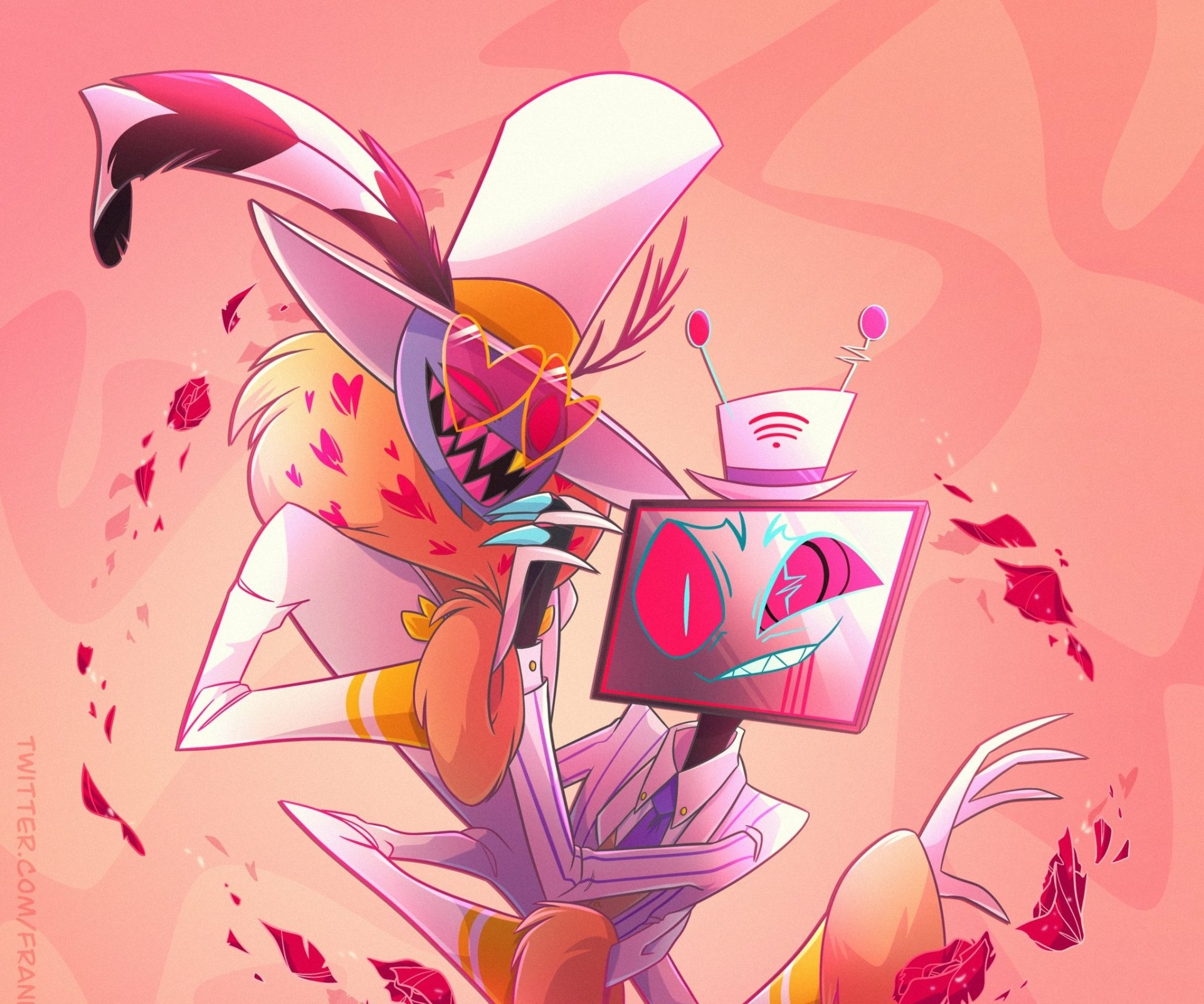 HD PC desktop wallpaper featuring Vox and Valentino from the TV show Hazbin Hotel, showcasing their distinct animated styles against a vibrant pink background.