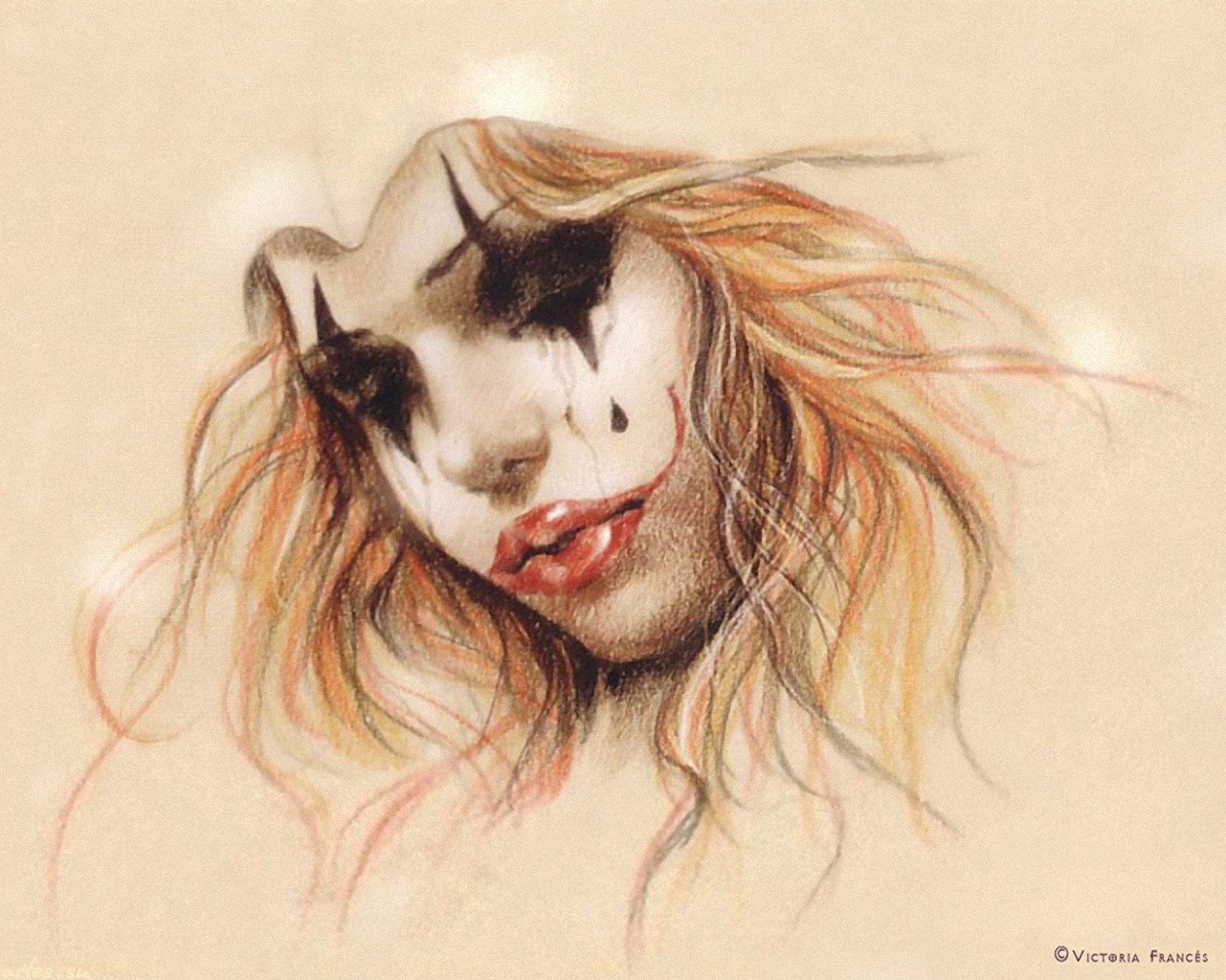 HD desktop wallpaper featuring a dark fantasy clown with smudged makeup and flowing hair, blending eerie and artistic elements in a hauntingly beautiful style.