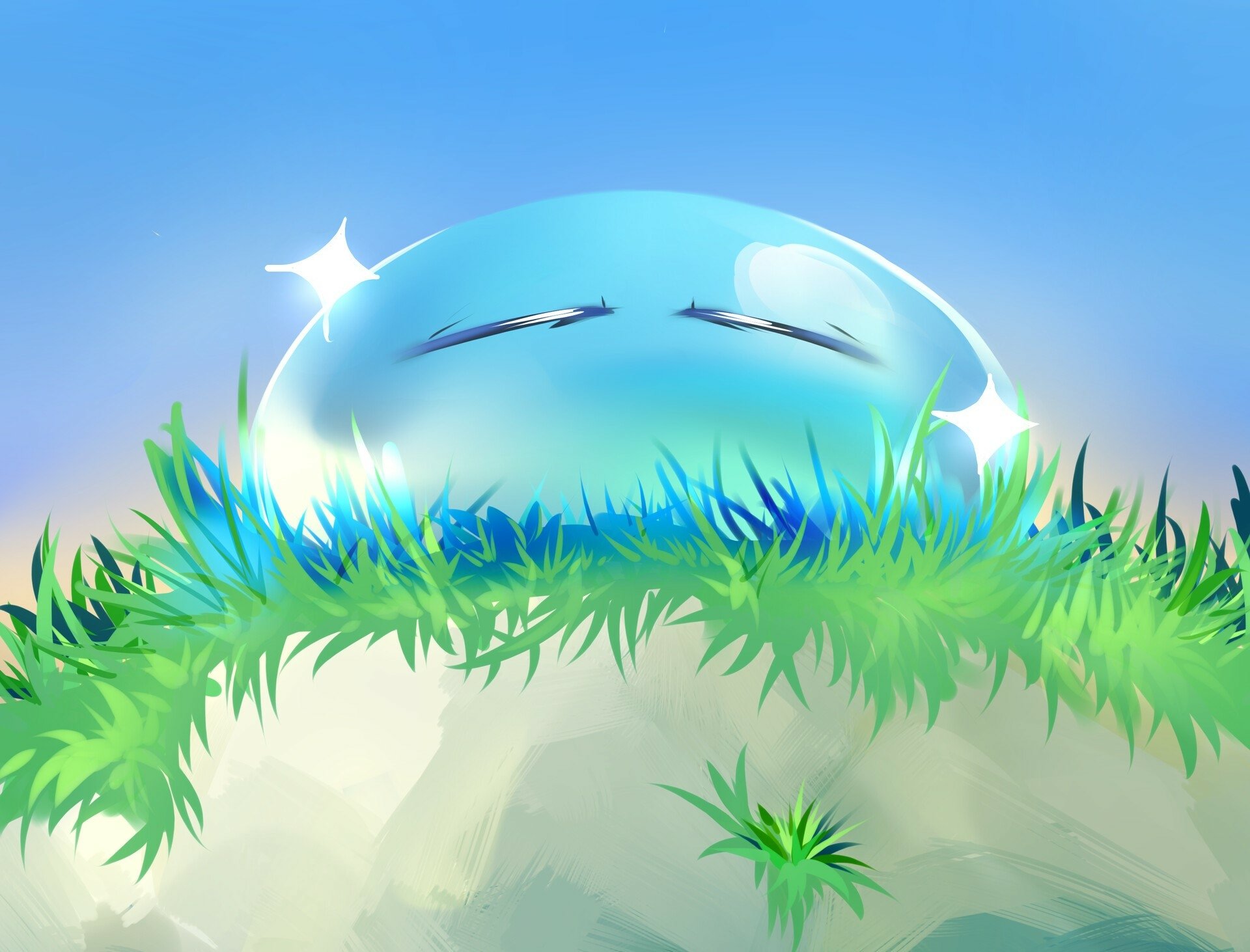 HD PC desktop wallpaper: Rimuru Tempest from the anime That Time I Got Reincarnated as a Slime — a shiny blue slime resting contentedly on a grassy hill under a bright sky.