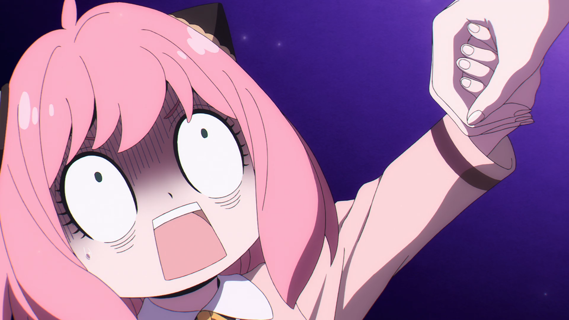 Anime-style HD desktop wallpaper featuring Anya Forger from Spy x Family with a shocked expression against a purple background.