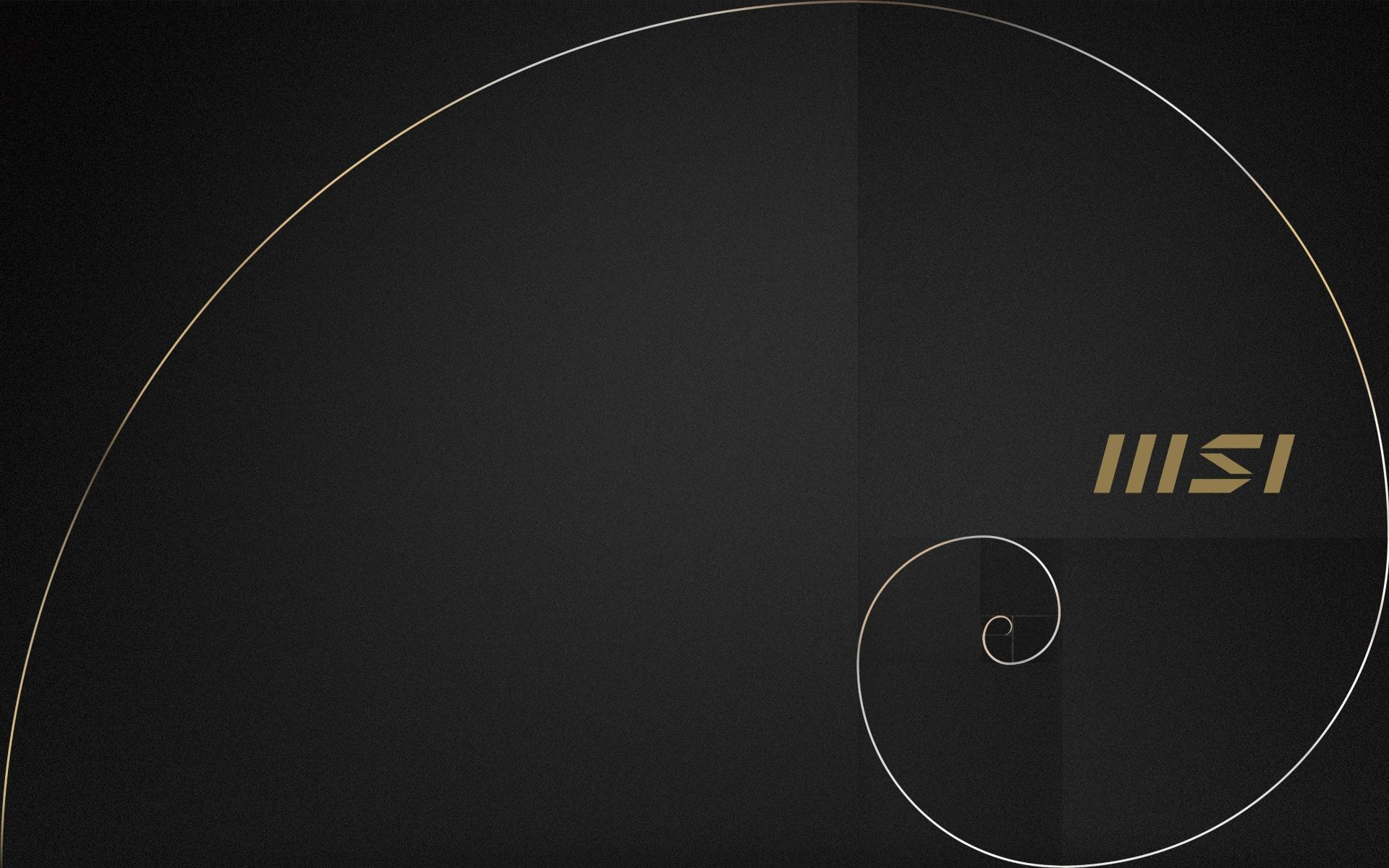 Minimal dark technology-themed 4K Ultra HD PC desktop wallpaper background with a subtle golden Fibonacci spiral on black and the MSI logo.