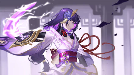 Baal (Raiden Shogun) from the video game Genshin Impact: purple-haired Electro archon in white-purple kimono, crackling lightning aura, dynamic 8K Ultra HD PC desktop wallpaper.