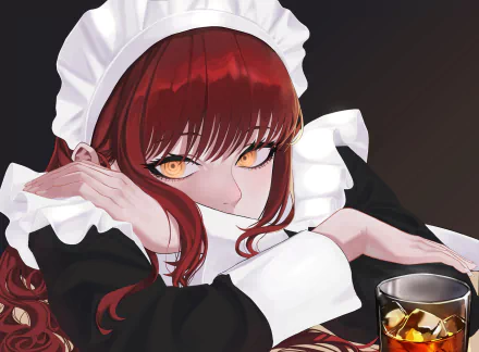 Makima (Chainsaw Man) close-up: red hair and golden eyes in a maid outfit, leaning on folded arms beside a glass — 2K Quad HD anime PC desktop wallpaper/background.