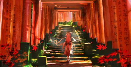 A vibrant 4K Ultra HD wallpaper featuring Yae Miko Guuji from Genshin Impact, walking through a serene path lined with red torii gates and autumn leaves.