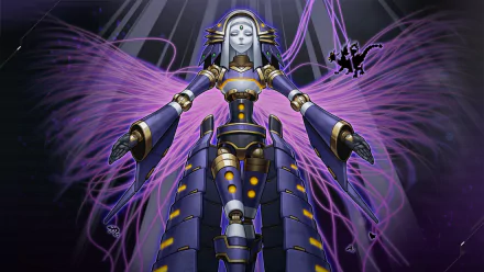 HD PC desktop wallpaper featuring a character from the video game Yu-Gi-Oh! Master Duel with glowing purple energy wings and futuristic armor.