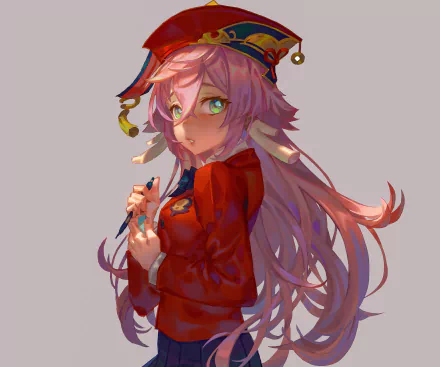 Portrait of Yanfei (Genshin Impact video game): long pink hair, red outfit and talisman, soft gaze — 2K Quad HD PC desktop wallpaper/background.