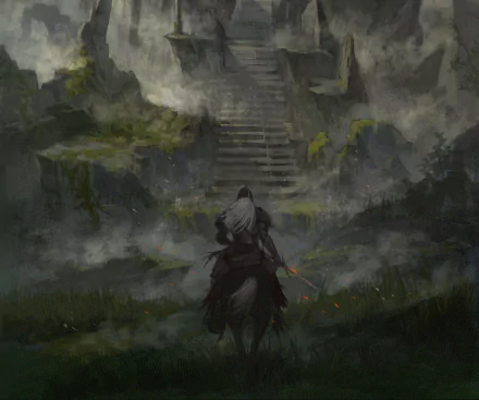 Tarnished warrior from Elden Ring rides through a misty, overgrown landscape toward ancient stone stairs in this HD PC desktop wallpaper.