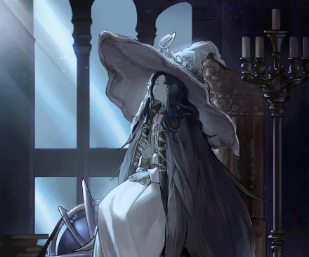 Ranni the Witch from Elden Ring stands in a dimly lit room, illuminated by soft sunlight through a window, captured in a 4K Ultra HD video game wallpaper.