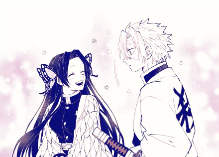 HD anime desktop wallpaper featuring Sanemi Shinazugawa and Kanae Kocho from Demon Slayer: Kimetsu no Yaiba in a soft, pastel-toned scene.