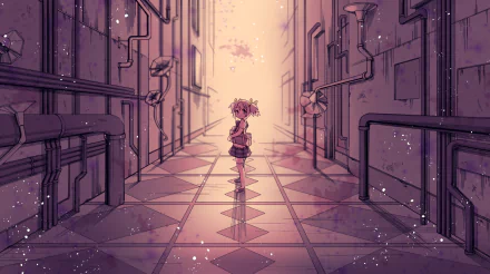 Madoka Kaname from Puella Magi Madoka Magica stands alone in a glowing, stylized alley; anime HD PC desktop wallpaper and background with soft pink light and sparkling particles.