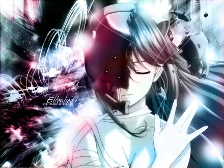 HD wallpaper featuring Lucy from *Elfen Lied*, capturing her unique blend of strength and vulnerability against a vibrant, abstract background.