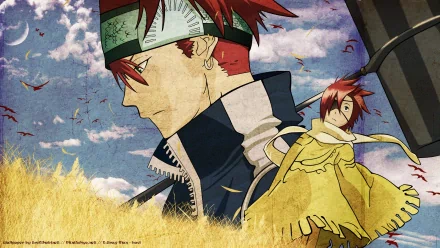 HD anime wallpaper featuring Lavi from D.Gray-man with a calm sky background and golden wheat field, showcasing his determined expression and signature headband.