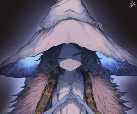 Ranni the Witch from the video game Elden Ring, close-up portrait beneath a wide hat, soft blue glow and feathered cloak — 5K Ultra HD PC desktop wallpaper background.