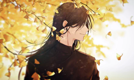 HD PC desktop wallpaper of Suguru Geto from the anime Jujutsu Kaisen, featuring him amidst swirling golden leaves against a bright background.