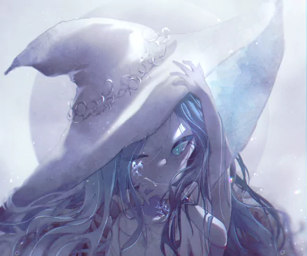 HD PC desktop wallpaper of Ranni the Witch, a video game character from Elden Ring: ethereal blue-haired witch in a wide hat, glowing teal eyes and a soft moonlit mist background.