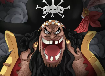 5K Ultra HD PC desktop wallpaper of Marshall D. Teach (Blackbeard) from One Piece: menacing, wide-mouthed roar, gold earrings, skull-and-bones hat and smoky backdrop.