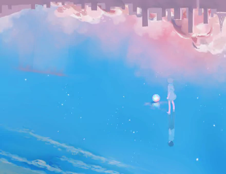 4K Ultra HD PC desktop wallpaper and background: Emma and Ray from The Promised Neverland stand on a mirrored sea beneath pastel clouds in an ethereal anime scene.