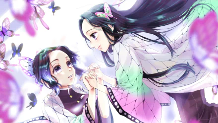 Anime HD desktop wallpaper of Kanae Kocho and Shinobu Kochou from Demon Slayer: Kimetsu no Yaiba, featuring soft colors and butterfly motifs.