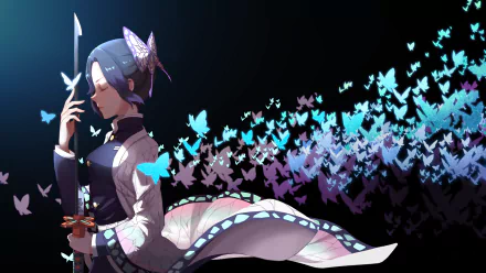 HD PC desktop wallpaper featuring Shinobu Kochou from the anime Demon Slayer: Kimetsu no Yaiba surrounded by glowing blue butterflies.