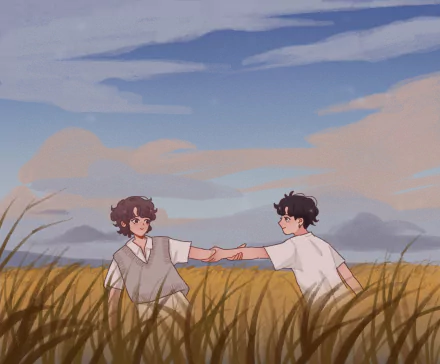 HD PC desktop wallpaper featuring illustrated characters inspired by BTS members Suga (Min Yoongi) and V (Kim Taehyung) in a music-themed outdoor scene.