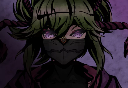 Kuki Shinobu (Genshin Impact) masked portrait with glowing purple eyes, dark ropes and moody purple backdrop — 8K Ultra HD PC desktop wallpaper and background.