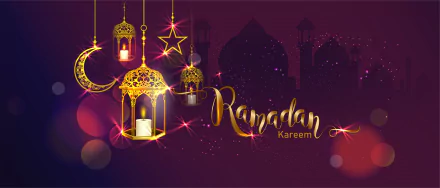 4K Ultra HD wallpaper featuring glowing lanterns, crescent moon, and stars with Ramadan Kareem text on a deep purple background, reflecting religious Ramadan themes.