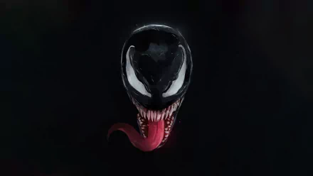 4K Ultra HD PC desktop wallpaper: comic Venom's head emerging from darkness, glossy white eyes, razor teeth and long tongue against a black background.