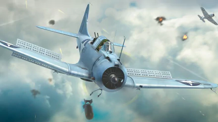 HD PC desktop wallpaper: military Douglas SBD Dauntless dive bomber in a cloudy sky, releasing a bomb with distant aircraft and explosions.