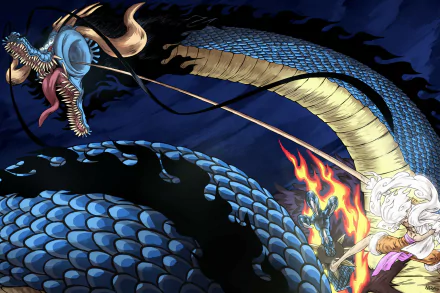HD anime wallpaper featuring Monkey D. Luffy in Gear 5 battling the massive dragon Kaido from One Piece, showcasing dynamic action and vibrant colors.