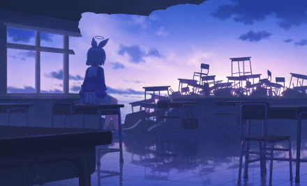 HD PC desktop wallpaper featuring Arona from the video game Blue Archive, seated in a dimly lit classroom with scattered desks and chairs under a twilight sky.