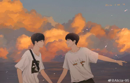 HD desktop wallpaper featuring animated versions of BTS members Suga (Min Yoongi) and Park Jimin against a vibrant sunset sky with scattered clouds.